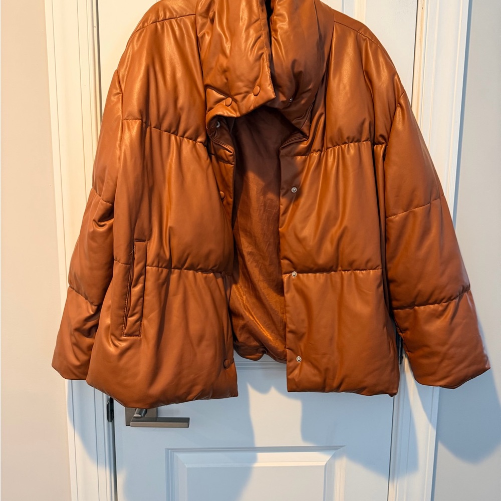 Bagatelle Faux Leather Tan Puffer Jacket
